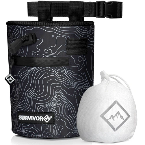 SURVIVOR Chalk Bag + Chalk - Iconic Topographical Map, Draw String Closure, 2 Zippered Pockets, & Brush Holder - Climbing Chalk Bag for Rock Climbing, Bouldering