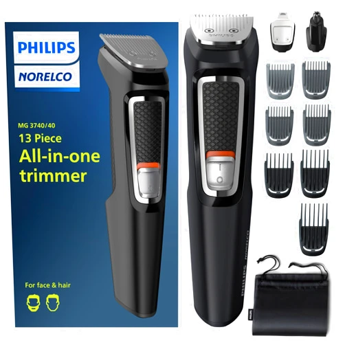 Philips Norelco Multi Groomer All-in-One Trimmer Series 3000-13 Piece Mens Grooming Kit for Beard, Face, Nose, Ear Hair Trimmer and Hair Clipper - NO Blade Oil Needed, MG3740/40