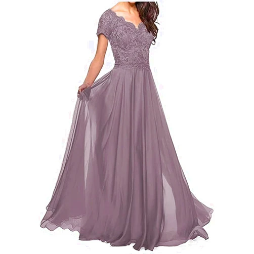 ASDW Lace Appliques Mother of The Bride Dress Short Sleeves V Neck Long Chiffon Mother of The Groom Dress