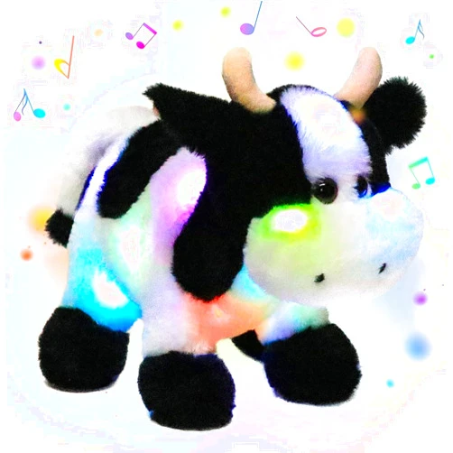 Hopearl LED Musical Stuffed Cow Lighting Up Singing Plush Toy Adjustable Volume Lullaby Animated Soothe Birthday Festival for Kids Toddler Girls, 12''