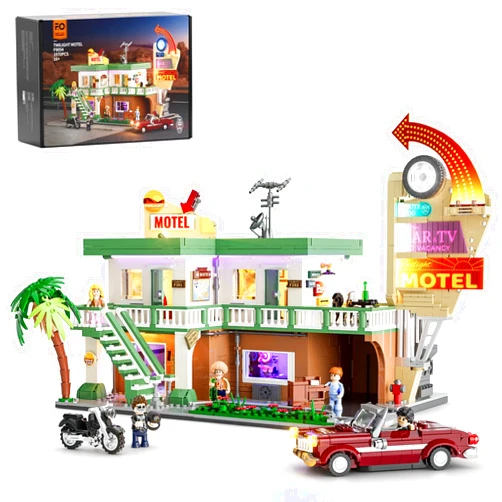 FUNWHOLE City Car-Hotel Lighting Building-Bricks Set - Road Trip Modular Twilight Motel Collection LED Light Car and Motorcycle Building Set 1970 Pcs for Adults and Teen