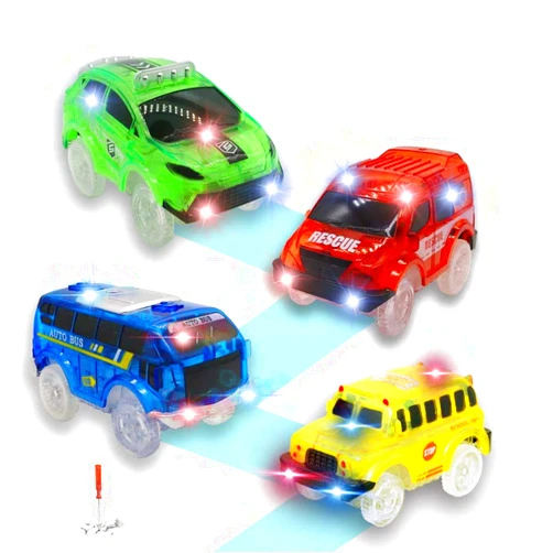 MIGE Track Cars for Kids, 4 Pack Tracks Cars Compatible with Most Tracks Glow in The Dark, Toy Magic Cars with 5 Flashing LED Lights for Most Race Tracks Light Up Car Accessories