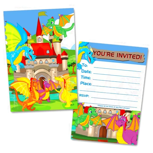 Leigha Marina Dragons Party Invitation Cards for Kids, 20 Invites & 20 Envelopes - Fill in the Blank Greeting Notes - Multi-Use, Birthday, Themed Celebration