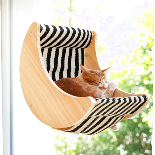 HAPYKITYS Window Cat Beds for Indoor Cats Perches Moon Shelves Mounted with Strong Suction Cups Cat Window Seat for Sleep and Watch Birds(Stripe)