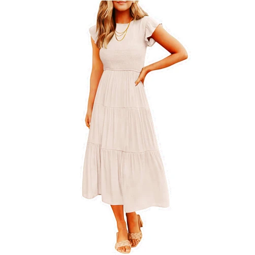 ZESICA Women's 2024 Summer Casual Flutter Short Sleeve Crew Neck Smocked Elastic Waist Tiered Midi Dress