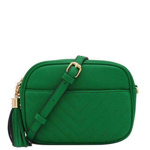 FashionPuzzle Chevron Quilted Crossbody Camera Bag with Chain Strap and Tassel