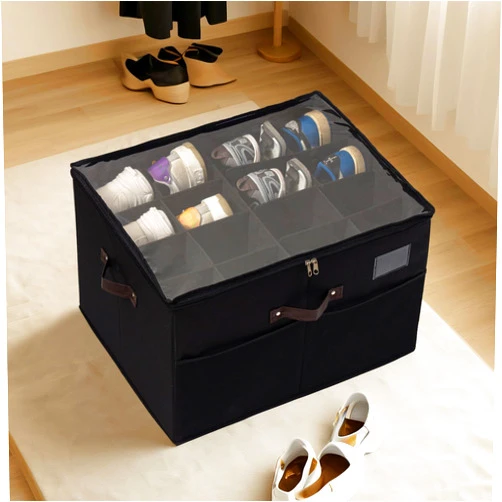 TOOCA BEAR Shoe Organizer for Closet, Foldable Shoe Storage Box for Dorms w/Adjustable Dividers and Clear Cover,Space Saving Shoes organizer for Closet Small Spaces,Fits up to 16 Pairs (Black)