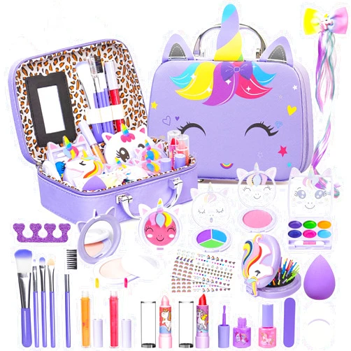 Mqsiuve Kids Makeup Kit for Girl - Kids Washable Makeup Girls Toys with Unicorn Cosmetic Case, Real Girl Makeup Sets for Toddler Kid Children Christmas Birthday Gifts Toys for 3 4 5 6 7 8-12 Year Old Girls