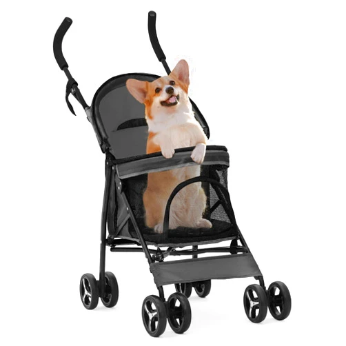 MoNiBloom 4 Wheels Pet Stroller, Easy-Fold Puppy Cage Jogger Stroller with Sun Cover, Pad and Rear Storage Bag, Breathable and Visible Mesh for Small/Medium Pets up to 22 lbs, Black