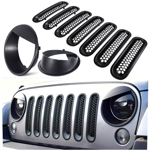 E-cowlboy Front Grille Mesh Inserts & Headlight Cover for 2007-2017 Jeep Wrangler JK JKU Unlimited Sport Rubicon Sahara Clip-in Grille Cover Guard Angry Bird Headlight Bezels Trim (Matte Black)