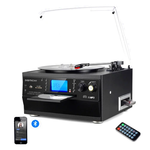 DIGITNOW Bluetooth Record Player Turntable with Stereo Speaker, LP Vinyl to MP3 Converter with CD, Cassette, Radio, Aux in and USB/SD Encoding, Remote Control, Audio Music Player Built in Amplifier