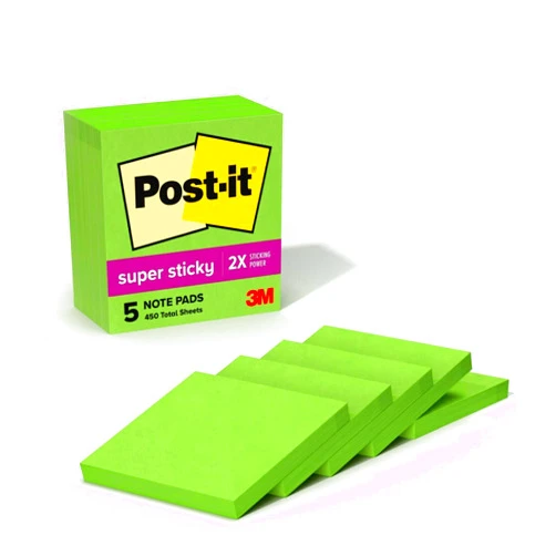 Post-it Super Sticky Notes, 3x3 in, 5 Pads, 2X The Sticking Power, Limeade Green, Recyclable (654-5SSLE)