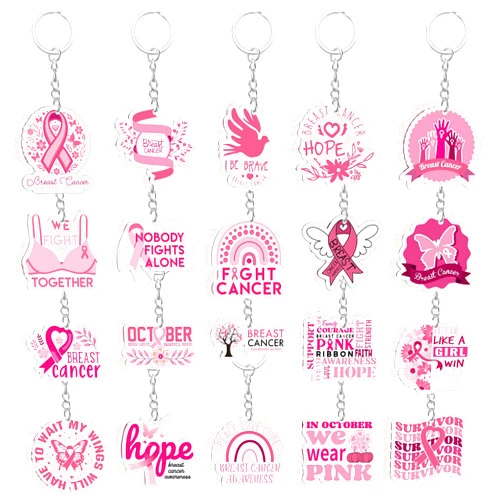 Trnayi 60 Pcs Breast Cancer Awareness Acrylic Keychain Breast Cancer Awareness Gifts Bulk Red Ribbon Themed Keychain Decoration for Women Health Survivor Charity Party Supplies