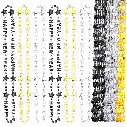 HEKEDES 2025 Happy New Year Necklace, Black Gold Silver 3 Colors New Year's Eve Bead Necklace, 33 inch New Year Necklace Accessories Costume, New Year Party Supplies Gifts (Pack of 12)