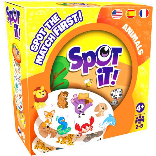 Asmodee Spot It! Animals (2024 Refresh) - Eco-Sleeve Edition, 5-in-1 Visual Perception Game for Quick Reflexes and Family Fun, Ages 4+, 2-8 Players, 15 Minute Playtime