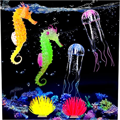 Abnaok Glowing Aquarium Ornaments Silicone Fish Tank Decor Artificial Sea Anemones Decorations Including Coral Jellyfish Sea Horse, Christmas Tree Sillicon Ornament Decoration for Aquarium Fish Tank