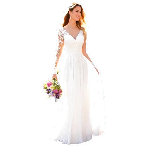 Clothfun Women's V-Neck Lace Beach Wedding Dresses for Bride 2024 Long Sleeve Chiffon Bridal Gowns