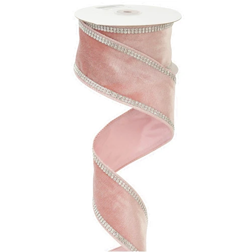 MEEDEE Dusty Rose Velvet With Rhinstone Edge Wired Ribbon 2.5 Inch Luxury Jeweled Ribbon 5 Yards Sparkling Rhinestone Trim For Christmas Tree, Garland, Wreaths, Holiday Home Decor, Wedding Decorations