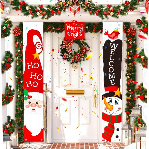 Sumind 3 Pieces Christmas Door Banner Decorations, Red Welcome Happy Christmas Porch Sign Merry and Bright Santa Claus Snowman Outdoor Banner Hanging Decor for Winter Christmas Holiday Theme Party Supplies