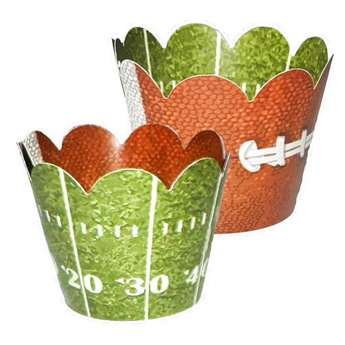 Confetti Couture Football Fan Cupcake Wrapper - Reversible and Adjustable Grass Football Field and Pigskin Designed for Sports Themed Birthday Party, Superbowl, Team - Dessert Skirtz 24 Count
