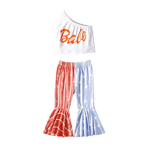 Camidy Toddler Girl 4th of July Outfits One Shoulder Tank Tops Star Stripes Flag Bell-Bottom Pants Independence Day Clothes