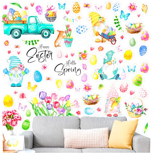 Eersida 74 Piece Easter Wall Clings Flower Gnome Wall Decals for Room Decor Easter Eggs Bunny Flower Stickers Rabbit Window Wall Door Art Decoration Stickers Party Favors Decorative Ornaments