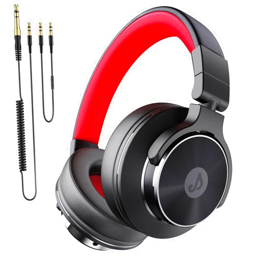 Rumoon Wired Over Ear Headphones, Studio Monitor & Mixing DJ Headphones with 50mm Neodymium Drivers and 1/4 to 3.5mm Jack for Guitar AMP Podcast Piano Keyboard (Black-Red)