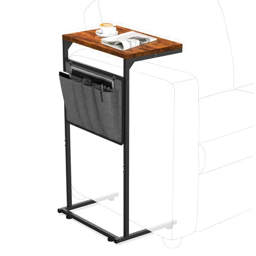 Vantic C Shaped End Table, Small Side Table for Couch and Recliner, Slide Under Sofa Tray Desk with Storage Bag for Living Room and Bedroom, Rustic Brown