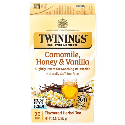 Twinings Camomile, Honey & Vanilla Herbal Tea individually Wrapped Bags, 20 Count (Pack of 6), Naturally Caffeine-Free, Enjoy Hot or Iced | Packaging May Vary