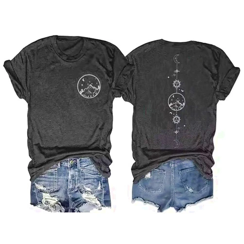 GEKYKOC Moon and Sun Shirts Women Vintage Graphic Tshirt Mountain Hiking Short Sleeve Vacation T-Shirt Tops