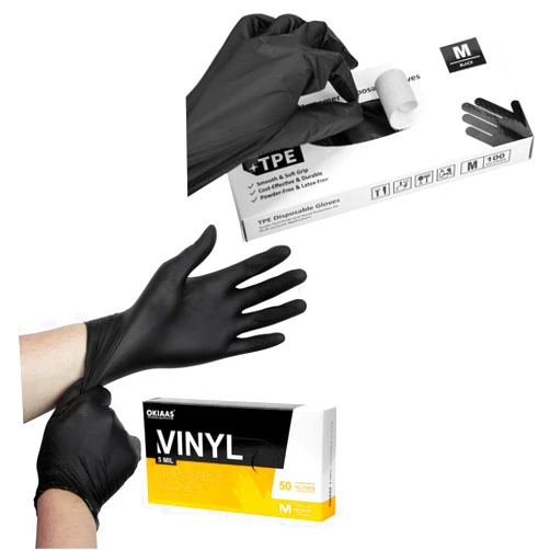 OKIAAS Black Disposable Gloves, Vinyl Gloves Disposable 50-Count, 5 mil & Black Plastic Gloves Disposable Latex Free, for Food prep 100-Count Medium