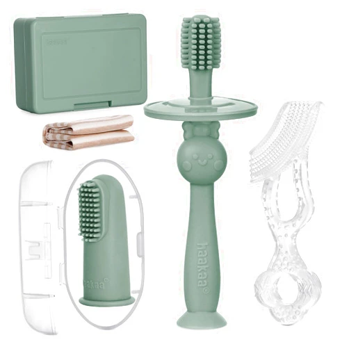 haakaa Training Toothbrush Set Oral Care Kit, Soft Silicone Toothbrush for Baby, Infants, Toddlers & Kids, Pea Green