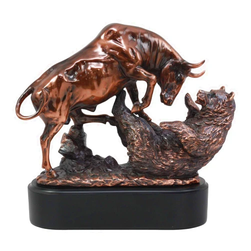 Ebros Gift Ebros Wall Street Stock Market Charging Bull Trouncing Bear Statue with Pedestal Base Bronze Electroplated Resin Sculpture of Bull VS Bear Ideal Gifts for Financial Investment Managers Investor