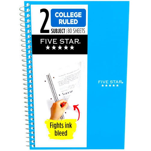 Five Star Spiral Notebook, 2 Subject, College Ruled Paper, 6