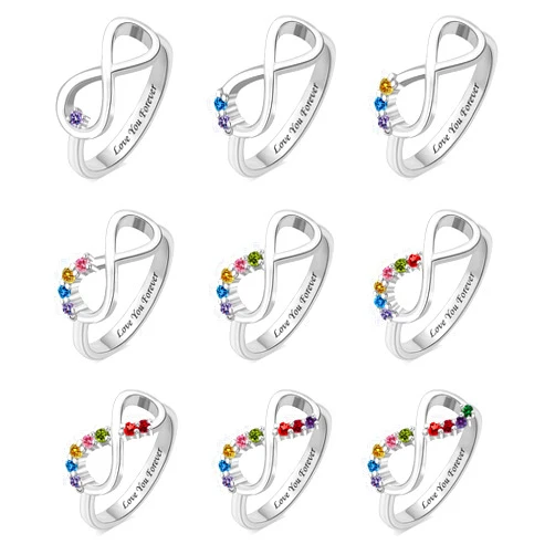 QWBV NELO Personalized 925 Sterling Silver Infinity Ring Birthstone Rings Custom Mother Family Rings Love Forever Ring with 1-9 Birthstone Engraved Name Ring Gifts for Mother Women Grandma Her