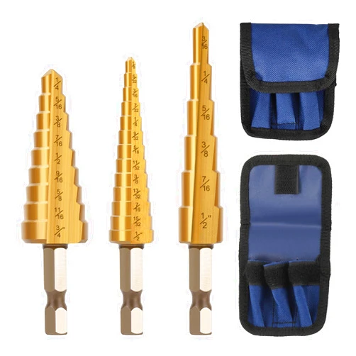 TEWORDA Step Drill Bit Set, 3PCS HSS Titanium Coated High Speed Steel Step Bits Covering 28 Sizes (1/8