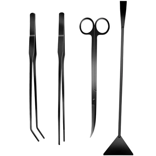 PAFOWO 4Pcs Aquascaping Tools Kit, Long Stainless Steel Aquarium Plant Tools with Black Anti-rust Coating, Aquarium Tweezers, Scissors, and Scrapers for Aquascaping Cleaning（Magnetic Tool Holder）