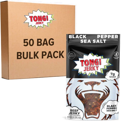 Tong Jerky Bulk Beef Jerky 50 Bags - Artisan Black Pepper Sea Salt Biltong Beef Jerky - 50x 2.25oz Bags - Made in USA
