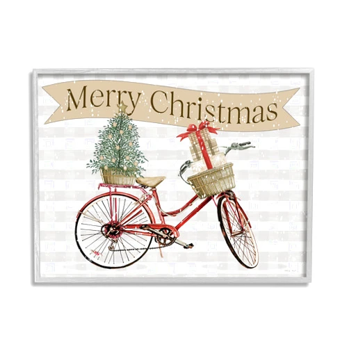 Stupell Industries Christmas Banner Beige Gingham Bicycle Gift Basket, Design by Cindy Jacobs