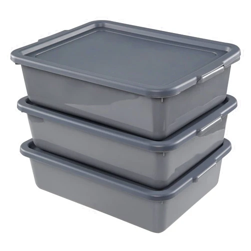 Afromy 3-Pack 13 L Plastic Bus Tub, Commercial Utility Bus Boxes with Lids, Gray