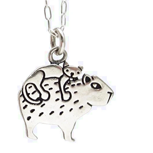Mark Poulin Capybara and Cat Necklace .925 Sterling Silver on 16 18 20 Inch Adjustable Chain for Women and Girls