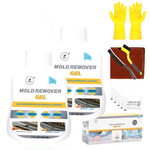 BARINOX Mold Stain Remover Gel Kit - 10 in 1 Powerful Cleaner for Grout, Washing Machine, Tile, Shower, Kitchen Sink, Refrigerator Seals, Bathroom, Toilet & Cleaning Brushes, Cloth and Gloves 14 FL Oz