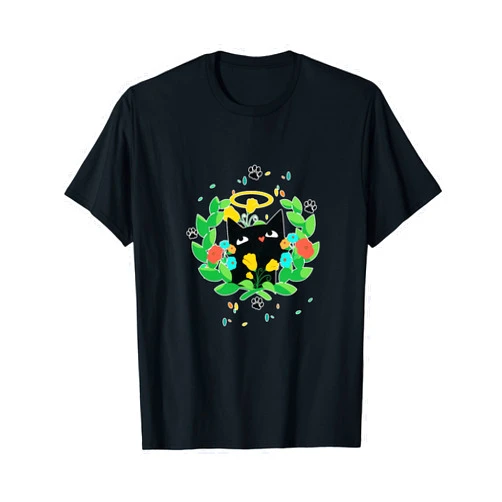 Visit The Feline Serenity Apparel CUTE BLACK ANGEL CAT HALO KITTEN SPRING GREEN WREATH Cute T-Shirt