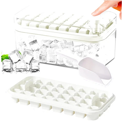 RIXINC Ice Cube Tray with Lid and Bin, 2 Pack Ice Cube Trays for Freezer & 1 Ice Scoop, 64 Pcs Easy Release Ice Cube Mold Ice Tray for Chilling Cocktail Whisky Coffee (white)