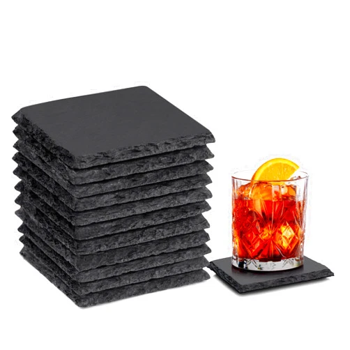 Aukful 12 PCS Slate Coasters 4 Inch Square Black Stone Coaster Handmade Drink Bar Slate Coasters Anti-Scratch Bottom,Suitable for Office Coffee Table Kitchen Home Engrave Decoration