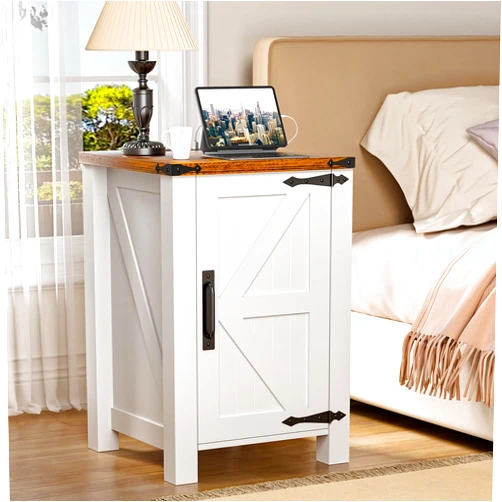 OLILAWN Farmhouse Nightstand with Charging Station,Rustic End Table with Barn Door and Adjustable Storage Shelf,Wood Sofa Side Table with Magnetic Door for Living Room, Bedroom,Antique White