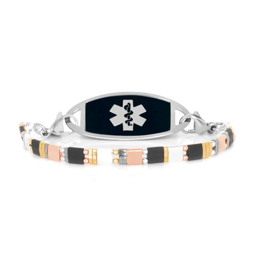 Lauren's Hope Beaded Stretch Medical ID Bracelet in Mixed Metal Tone, Rose Gold, Gold and Silver, Custom Engraved Medical ID Bracelets for Women