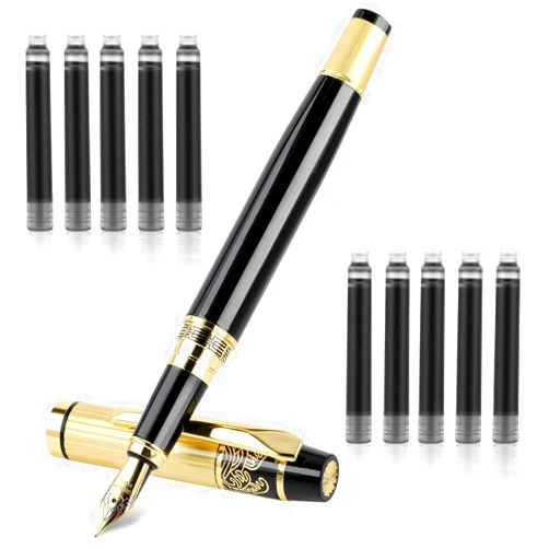 Andibro Metal Fountain Pens, With 10 Black Ink 2.6mm Cartridges, 0.5mm Luxury Fine Point Fountain Pen Business Pen Smooth Writing Stainless Steel Pen Calligraphy Pen for Office School Supplies(Black)