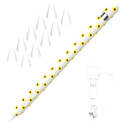 NIUTRENDZ Sunflower Case for Apple Pencil 1st Generation Case Cover Silicone Protective Sleeve Accessories with Apple Pencil Tips Cover & Cable Adapter Tether (White)