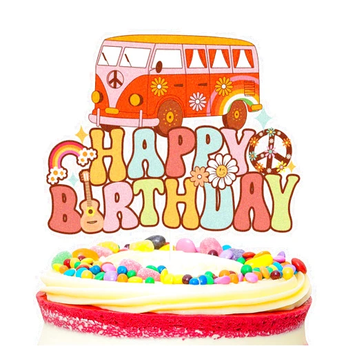 GEPAS Groovy Cake Topper for Boys Girls Happy Birthday Peace Hippie Bus Part Decorations Retro Flower Daisy 60s 70s Party Decor Supplies